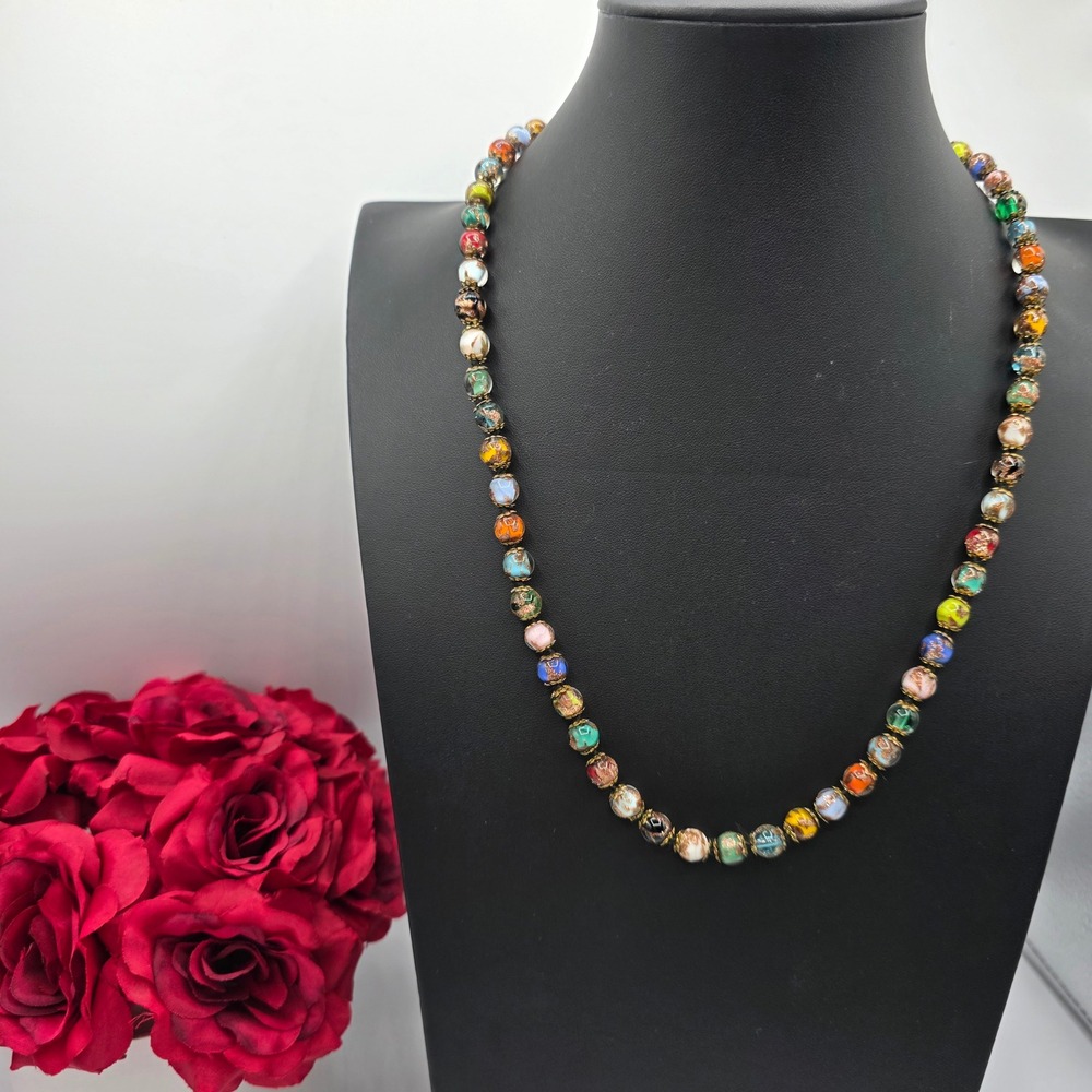 Murano Glass Bead Necklace Multi Color Gold Fleck Aventurine Italian 24-26 Inch